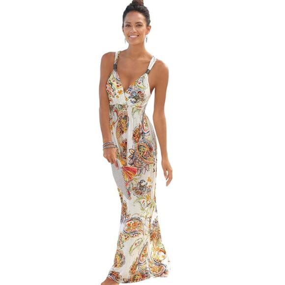 NWT Lascana Womens Resort Tropical Summer Paisley Floral Print Maxi Dress Size 6 - Picture 1 of 13